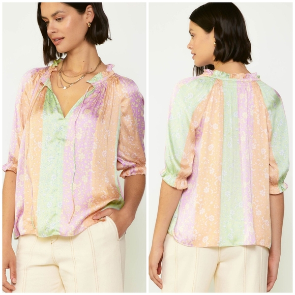 CURRENT AIR Anthropologie Color Block Floral Short Sleeves Relaxed Fit B… - Picture 2 of 5